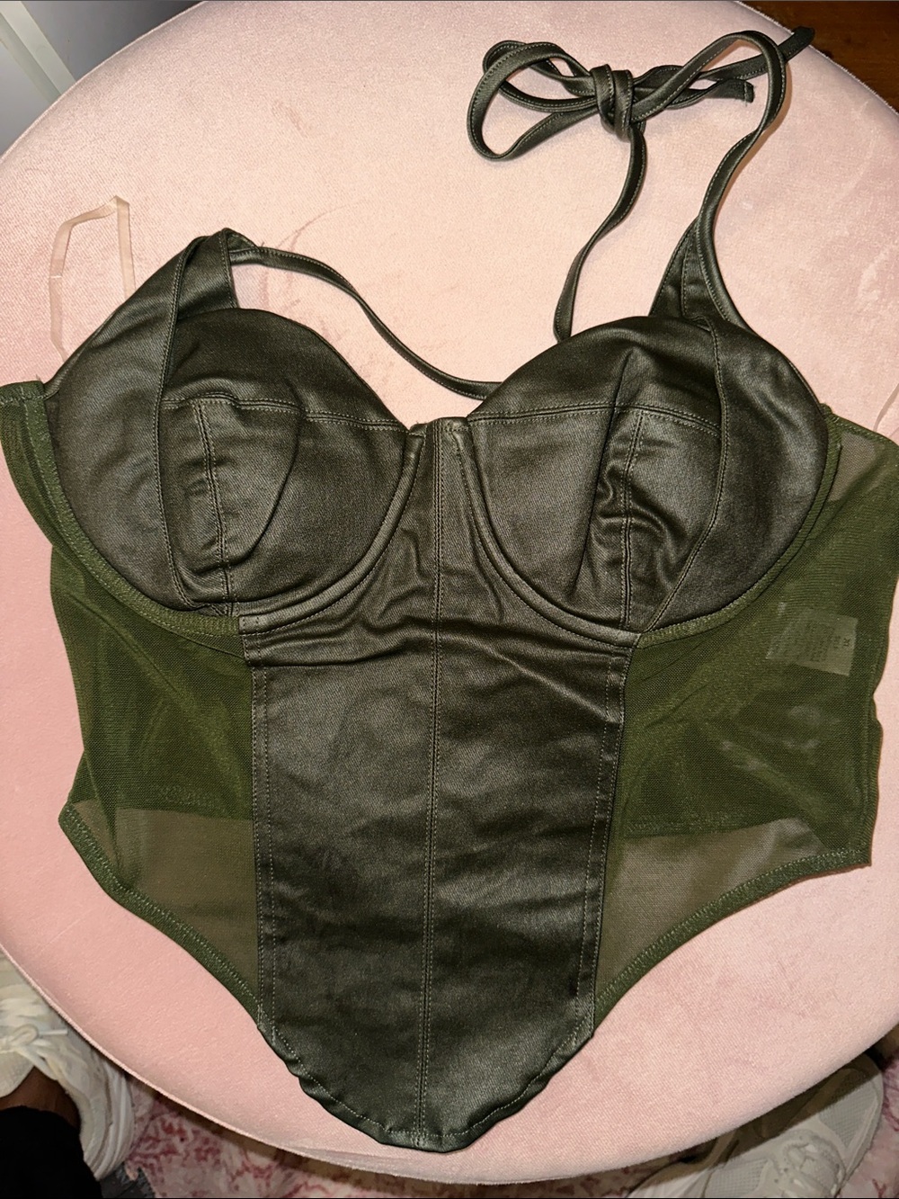 Fashion Nova Olive Green Faux Leather & Mesh Bustier Bodysuit